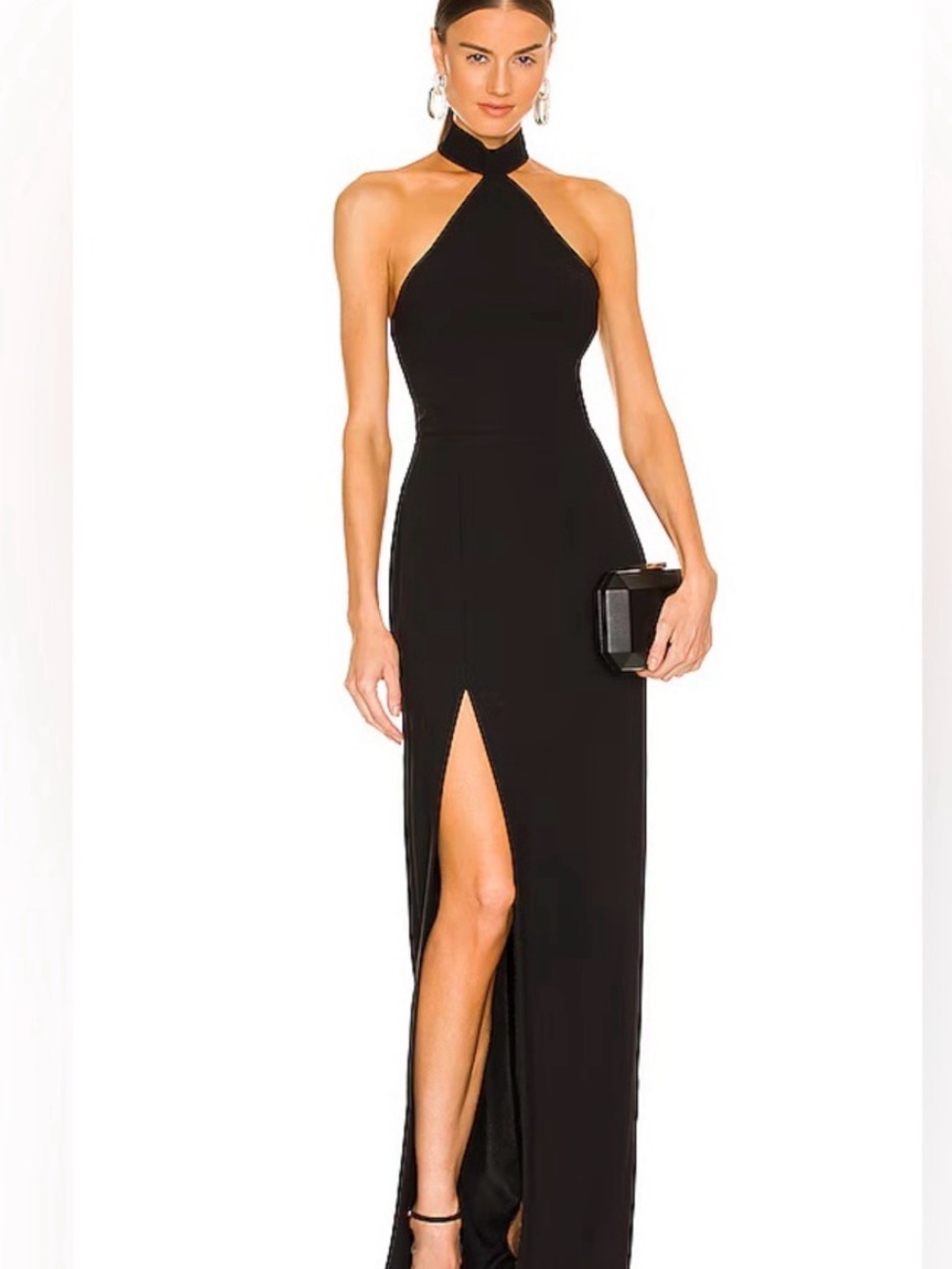 Amanda Uprichard Black Halter Maxi Dress with Front Slit